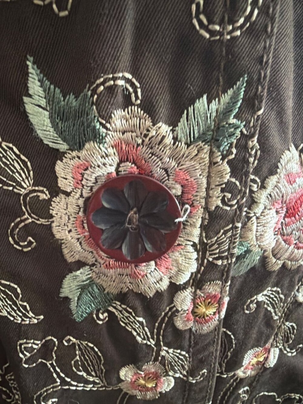 Rare Vintage Johnny Was Brown Embroidered Cotton Duster Coat w/Ornate Collar M - Picture 16 of 16